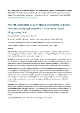AI for the prediction of early stages of Alzheimer's disease from
  neuroimaging biomarkers -- A narrative review of a growing field