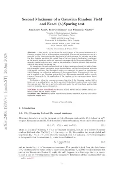 Second Maximum of a Gaussian Random Field and Exact (t-)Spacing test