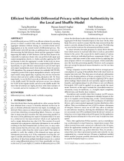 Efficient Verifiable Differential Privacy with Input Authenticity in the
  Local and Shuffle Model