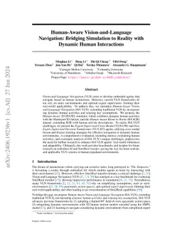 Human-Aware Vision-and-Language Navigation: Bridging Simulation to
  Reality with Dynamic Human Interactions