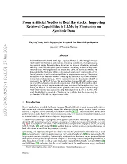 From Artificial Needles to Real Haystacks: Improving Retrieval
  Capabilities in LLMs by Finetuning on Synthetic Data