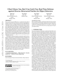 I Don't Know You, But I Can Catch You: Real-Time Defense against Diverse
  Adversarial Patches for Object Detectors