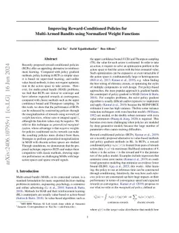 Improving Reward-Conditioned Policies for Multi-Armed Bandits using
  Normalized Weight Functions