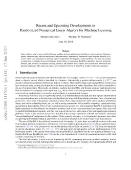 Recent and Upcoming Developments in Randomized Numerical Linear Algebra
  for Machine Learning