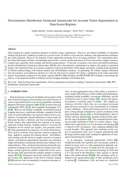 Discriminative Hamiltonian Variational Autoencoder for Accurate Tumor
  Segmentation in Data-Scarce Regimes