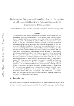 Brain-inspired Computational Modeling of Action Recognition with
  Recurrent Spiking Neural Networks Equipped with Reinforcement Delay Learning