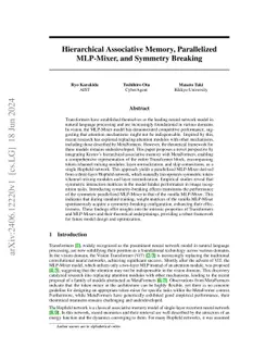 Hierarchical Associative Memory, Parallelized MLP-Mixer, and Symmetry
  Breaking