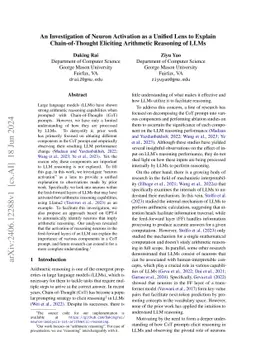 An Investigation of Neuron Activation as a Unified Lens to Explain
  Chain-of-Thought Eliciting Arithmetic Reasoning of LLMs