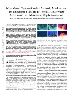 WaterMono: Teacher-Guided Anomaly Masking and Enhancement Boosting for
  Robust Underwater Self-Supervised Monocular Depth Estimation
