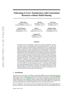 Federating to Grow Transformers with Constrained Resources without Model
  Sharing