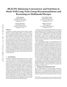 BEACON: Balancing Convenience and Nutrition in Meals With Long-Term
  Group Recommendations and Reasoning on Multimodal Recipes