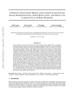 A Domain Adaptation Model for Carotid Ultrasound: Image Harmonization,
  Noise Reduction, and Impact on Cardiovascular Risk Markers