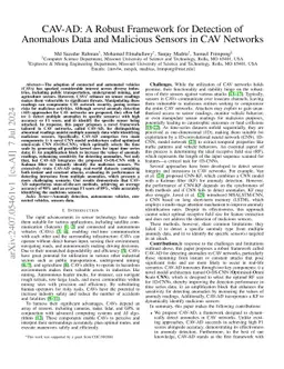 CAV-AD: A Robust Framework for Detection of Anomalous Data and Malicious
  Sensors in CAV Networks