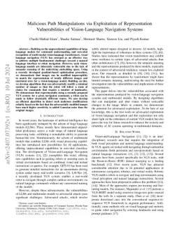 Malicious Path Manipulations via Exploitation of Representation
  Vulnerabilities of Vision-Language Navigation Systems