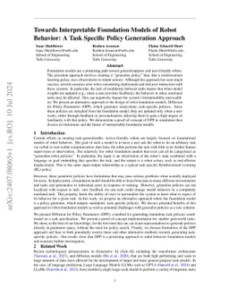 Towards Interpretable Foundation Models of Robot Behavior: A Task
  Specific Policy Generation Approach