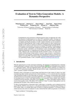 Evaluation of Text-to-Video Generation Models: A Dynamics Perspective