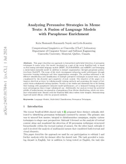 Analyzing Persuasive Strategies in Meme Texts: A Fusion of Language
  Models with Paraphrase Enrichment