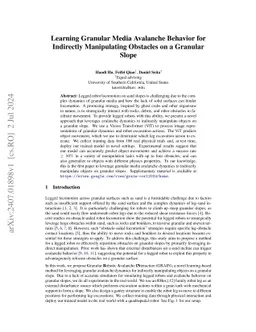 Learning Granular Media Avalanche Behavior for Indirectly Manipulating
  Obstacles on a Granular Slope