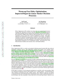 Warm-up Free Policy Optimization: Improved Regret in Linear Markov
  Decision Processes