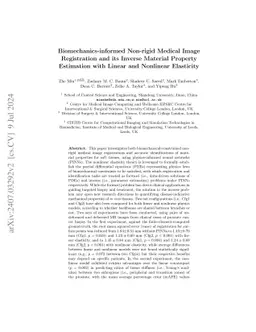 Biomechanics-informed Non-rigid Medical Image Registration and its
  Inverse Material Property Estimation with Linear and Nonlinear Elasticity