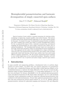Hemispheroidal parameterization and harmonic decomposition of simply
  connected open surfaces