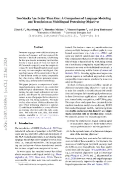 Two Stacks Are Better Than One: A Comparison of Language Modeling and
  Translation as Multilingual Pretraining Objectives