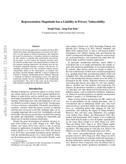Representation Magnitude has a Liability to Privacy Vulnerability