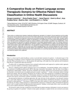 A Comparative Study on Patient Language across Therapeutic Domains for
  Effective Patient Voice Classification in Online Health Discussions