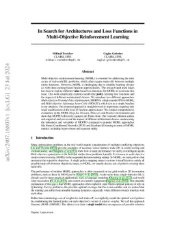 In Search for Architectures and Loss Functions in Multi-Objective
  Reinforcement Learning