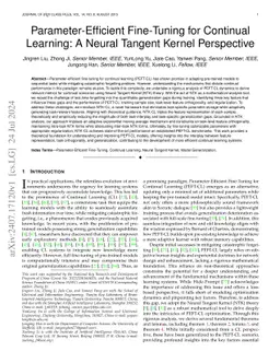 Parameter-Efficient Fine-Tuning for Continual Learning: A Neural Tangent Kernel Perspective