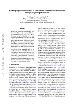 Tracking linguistic information in transformer-based sentence embeddings
  through targeted sparsification