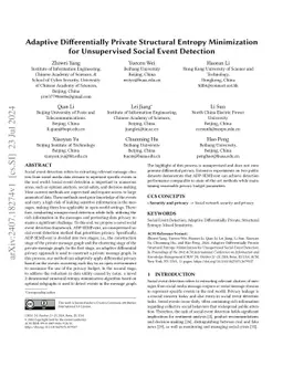 Adaptive Differentially Private Structural Entropy Minimization for
  Unsupervised Social Event Detection