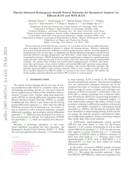 Physics Informed Kolmogorov-Arnold Neural Networks for Dynamical
  Analysis via Efficent-KAN and WAV-KAN