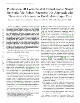 Purification Of Contaminated Convolutional Neural Networks Via Robust
  Recovery: An Approach with Theoretical Guarantee in One-Hidden-Layer Case