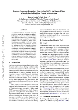 Lacuna Language Learning: Leveraging RNNs for Ranked Text Completion in
  Digitized Coptic Manuscripts