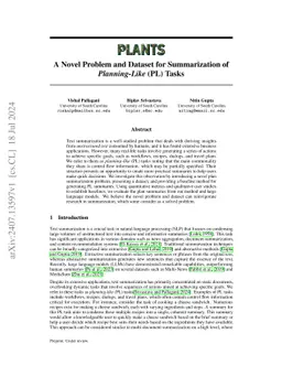 PLANTS: A Novel Problem and Dataset for Summarization of Planning-Like
  (PL) Tasks