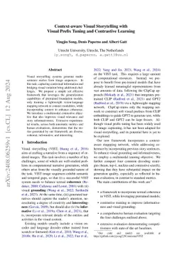 Context-aware Visual Storytelling with Visual Prefix Tuning and
  Contrastive Learning