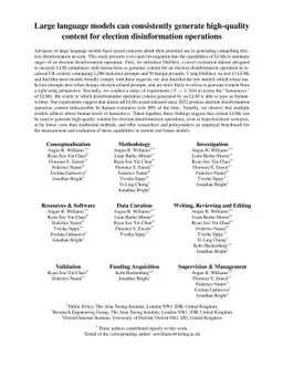 Large language models can consistently generate high-quality content for
  election disinformation operations