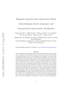 Diagnosis extraction from unstructured Dutch echocardiogram reports
  using span- and document-level characteristic classification
