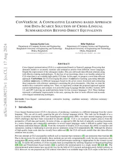 ConVerSum: A Contrastive Learning based Approach for Data-Scarce
  Solution of Cross-Lingual Summarization Beyond Direct Equivalents