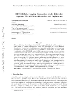DECIDER: Leveraging Foundation Model Priors for Improved Model Failure
  Detection and Explanation