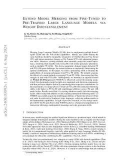 Extend Model Merging from Fine-Tuned to Pre-Trained Large Language
  Models via Weight Disentanglement