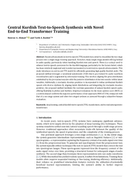 Central Kurdish Text-to-Speech Synthesis with Novel End-to-End
  Transformer Training