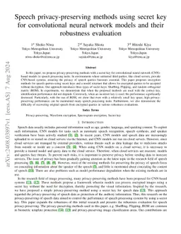 Speech privacy-preserving methods using secret key for convolutional
  neural network models and their robustness evaluation