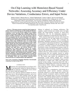 On-Chip Learning with Memristor-Based Neural Networks: Assessing
  Accuracy and Efficiency Under Device Variations, Conductance Errors, and
  Input Noise