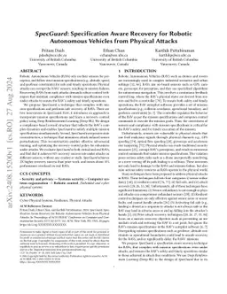 SpecGuard: Specification Aware Recovery for Robotic Autonomous Vehicles
  from Physical Attacks