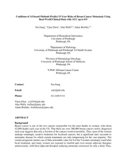 Coalitions of AI-based Methods Predict 15-Year Risks of Breast Cancer
  Metastasis Using Real-World Clinical Data with AUC up to 0.9