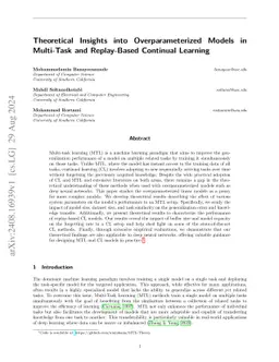 Theoretical Insights into Overparameterized Models in Multi-Task and Replay-Based Continual Learning
