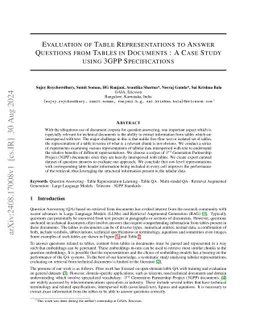 Evaluation of Table Representations to Answer Questions from Tables in
  Documents : A Case Study using 3GPP Specifications