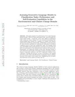 Assessing Generative Language Models in Classification Tasks:
  Performance and Self-Evaluation Capabilities in the Environmental and Climate
  Change Domain